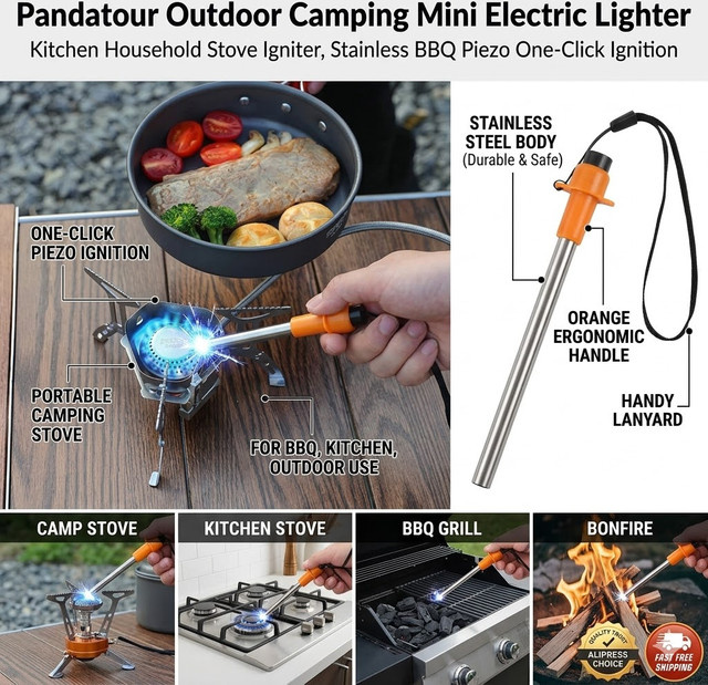 Pandatour Mini Elektrisches Feuerzeug aus Edelstahl in Silber mit Piezo Ein-Klick-Zündung für Camping und BBQ - Bild 1