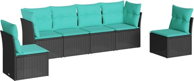 vidaXL 6-teilige Garten-Sofagarnitur in L-Form aus Poly-Rattan mit Kissen in Schwarz und Blau - Bild 1