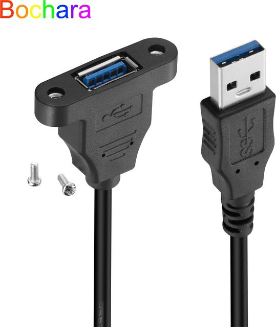 Bochara USB 3.0 Verlängerungskabel Stecker auf Buchse Schwarz, doppelt geschirmt mit Schraube zur Schalttafelmontage - Bild 1