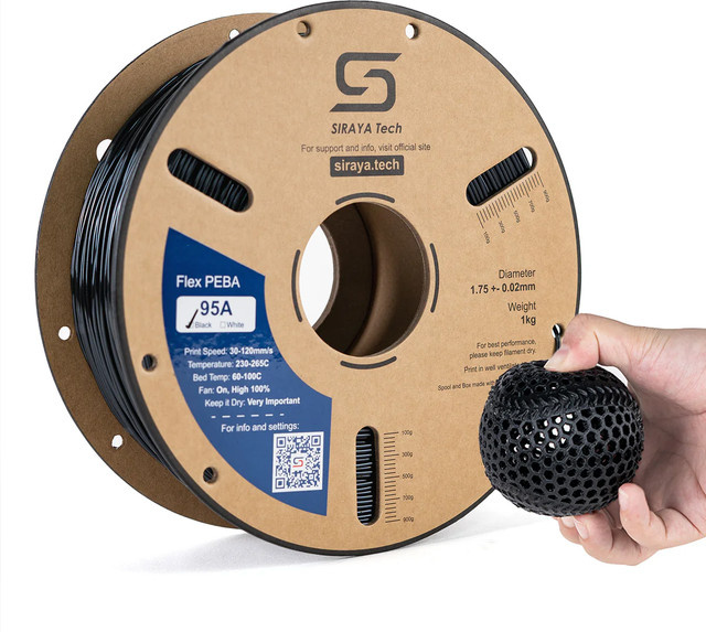 SIRAYA TECH PEBA 95A Flexibles 3D-Druckfilament für FDM, Schwarz - Bild 1