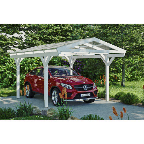 Skan Holz Carport Westerwald aus Fichten-Leimholz in Weiß mit Doppelstegplatten und spitzer Dachform, B/T: 362 x 541 cm, Höhe: 281 cm - Bild 3