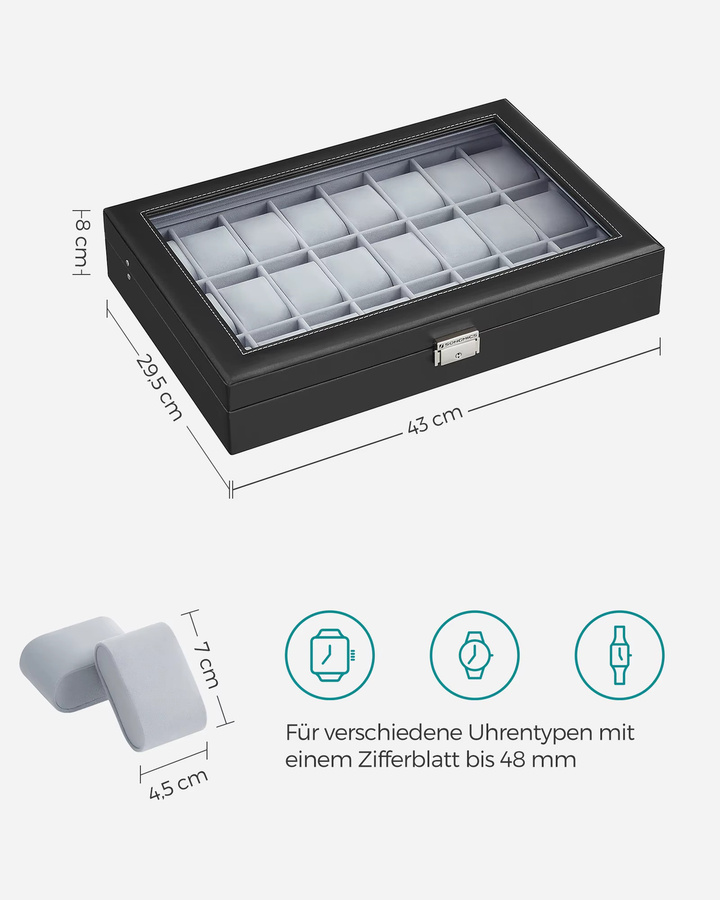 SONGMICS Uhrenbox, 24 Fächer, Glasdeckel, Schwarz, Unisex - Bild 3