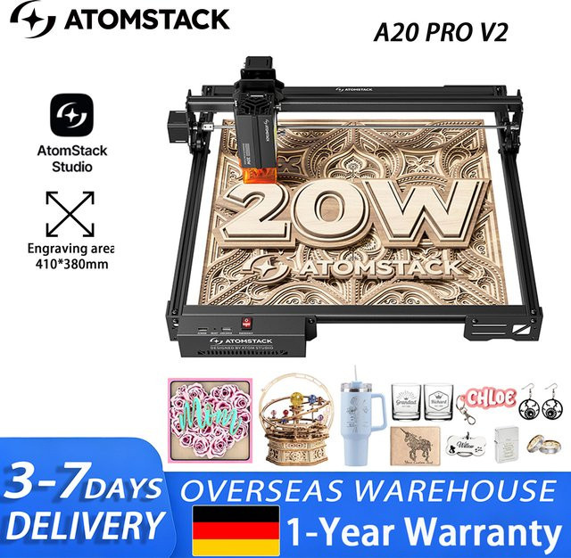 ATOMSTACK A20 PRO V2 Laser-Cutter und Graviermaschine mit 20W Leistung in Schwarz, Arbeitsbereich: 410 x 380 mm - Bild 1