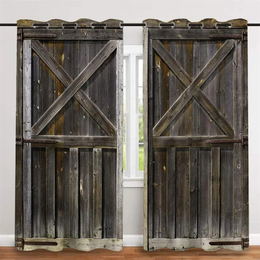 Yiran Furniture Vorhänge im Retro-Stil mit Holztür-Druck, lichtfilternd und dekorativ, braun, B: 60 cm x H: 60 cm, 2 Stück - Bild 1
