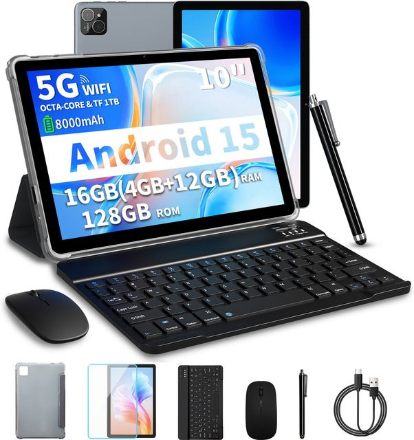 PRITOM TAB11 Android 15 Tablet 10 Zoll, 128GB ROM, 4GB RAM, Schwarz, inklusive Tastatur, Maus und Hülle - Bild 1