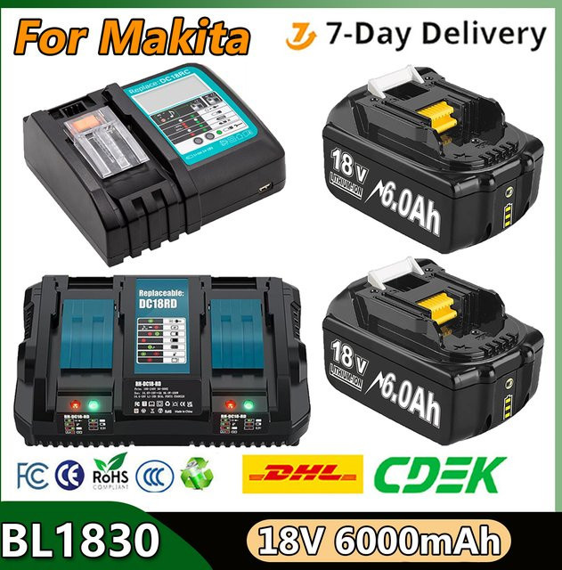 Turpow Ersatzakku für Makita BL1830 mit 6A Ladegerät, 18 V, 6000 mAh, Schwarz - Bild 1