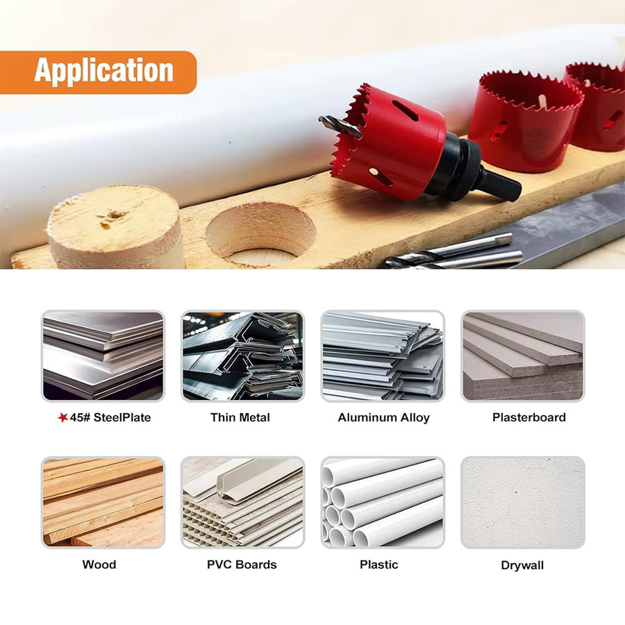 Podofo 19-teiliges M42 Bi-Metall Lochsägen-Set in Rot mit 11 Sägeblättern, 2 Schaftstücken und 3 Bohrern für Aluminium, Holz und PVC - Bild 2