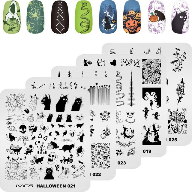 KADS Nagelstempelplatten Halloween, Totenkopf Kürbis Fledermaus, Unisex - Bild 1