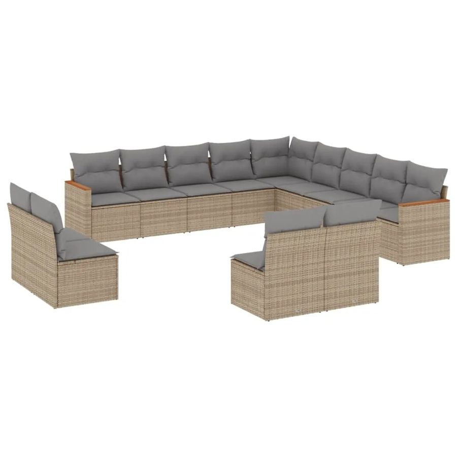 vidaXL 13-tlg. Garten-Sofagarnitur aus Poly-Rattan und Akazienholz in Beige mit Kissen und Stauraum - Bild 2