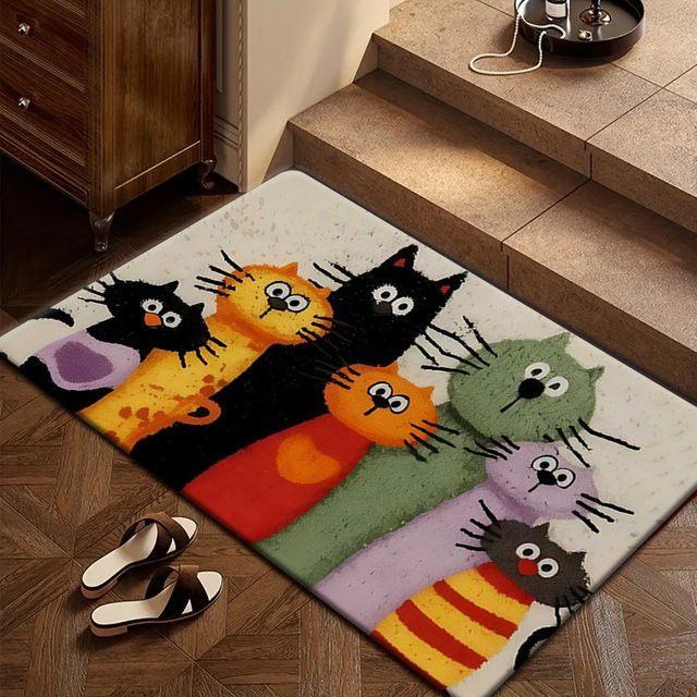VIKAMA Teppich mit Cartoon-Katzenfamilie in Multicolor für Wohnzimmer, Küche oder Badezimmer - Bild 1