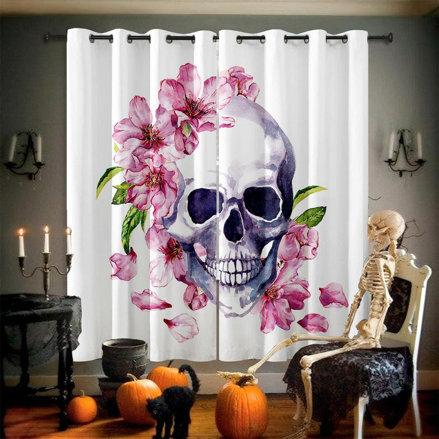 Yiran Furniture Gotik Vorhänge mit Totenkopf und Blumen-Motiv, 2er-Set, B: 50 cm, H: 140 cm - Bild 1