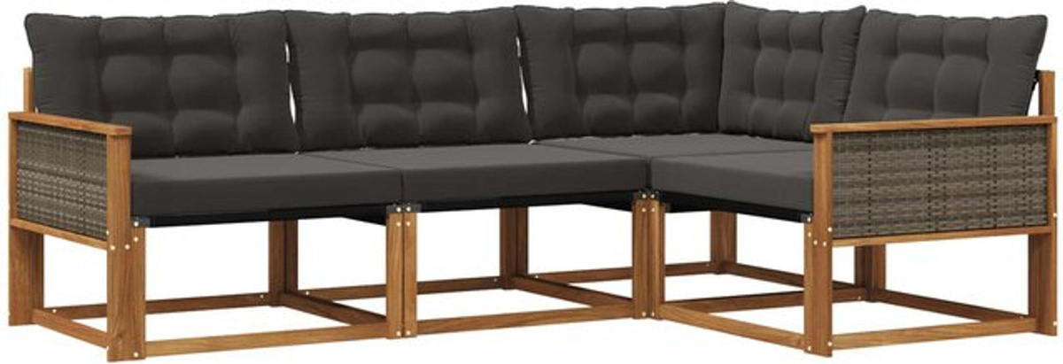 vidaXL Outdoor-Sofagarnitur aus Akazie mit Kissen in Natur und Schwarz, 4-teiliges Loungemöbel-Set mit Textilene und Polyester - Bild 1