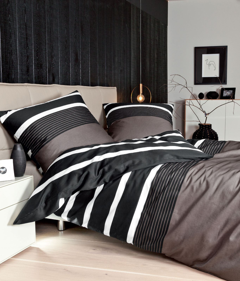 Janine Baumwoll-Bettwäsche J.D. Mako-Satin gestreift in Braun und Schwarz mit Reißverschluss - Bild 1