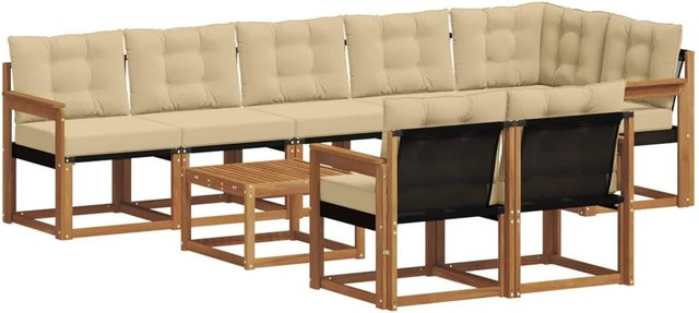vidaXL Outdoor-Sofagarnitur 9-tlg. aus Akazienholz und Textilene in Natur und Beige mit Kissen und Armlehnen - Bild 1