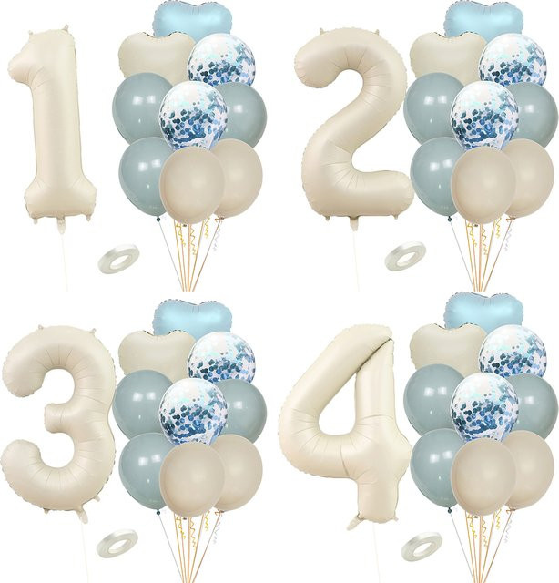 12er Set Vintage Ballon Set in Beige und Blau mit Herz- und Konfetti-Motiven für Kindergeburtstage und Partydekorationen - Bild 1