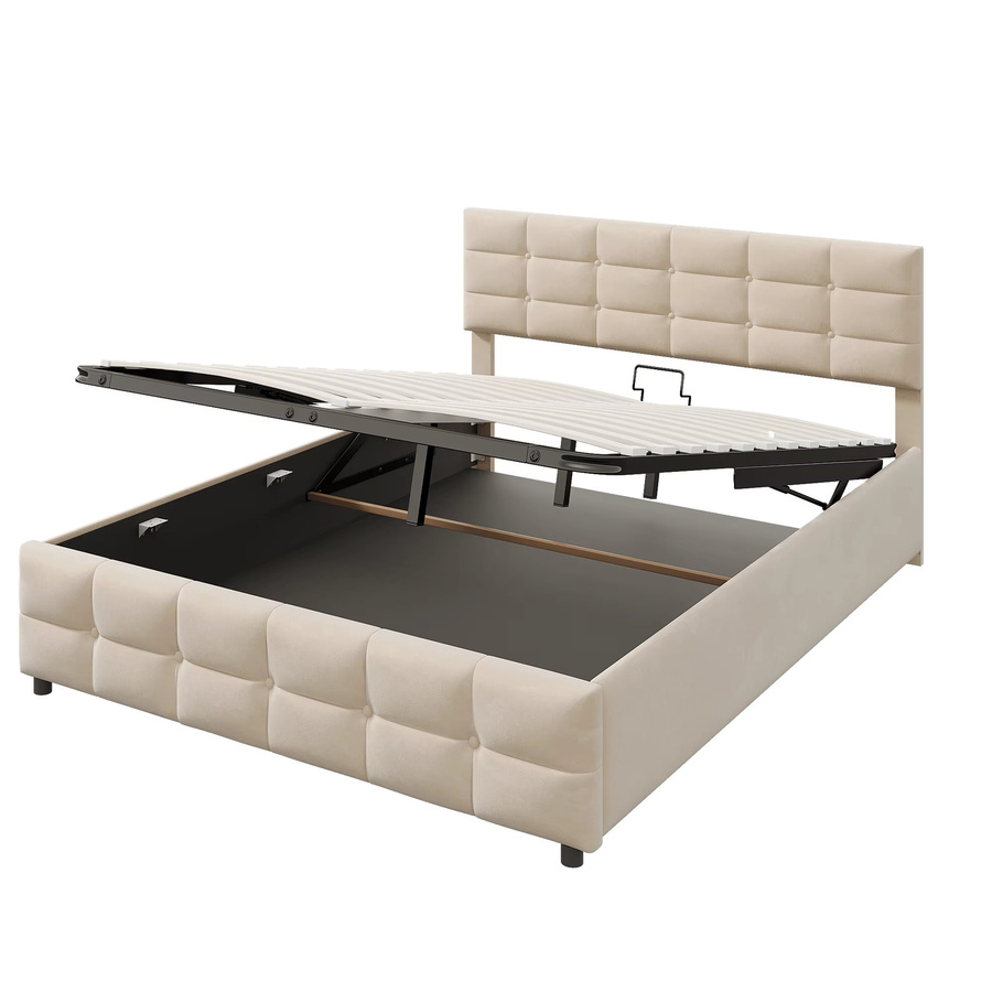 KOMHTOM Polsterbett mit hydraulischem Lift-up-System aus Samtstoff in Beige, B/T/H: 180 x 200 cm - Bild 2