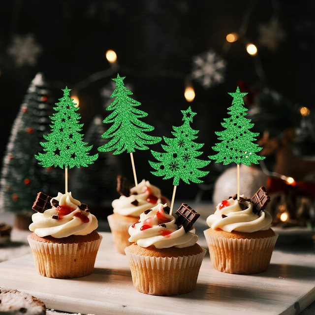 YOMDID 24 Stück Weihnachtsbaum-Cupcake-Topper in Grün, glitzernde Weihnachtsbaum-Kuchendekorationen im Winter-Thema als Cupcake-Picks - Bild 1