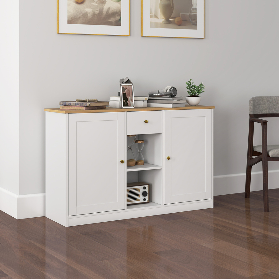 HOMCOM Sideboard Aufbewahrungsschrank in Weiß mit Gold, moderner Beistellschrank mit 2 Türen, 2 offenen Ablagen und Schublade, B/T/H: 120 x 35 x 75,2 cm - Bild 2