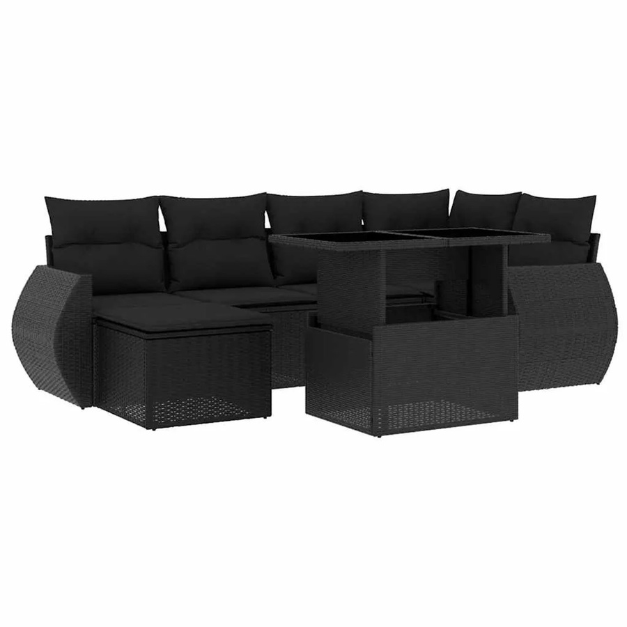 vidaXL 7-teilige Garten-Sofagarnitur in L-Form aus Poly-Rattan mit Kissen in Schwarz - Bild 2