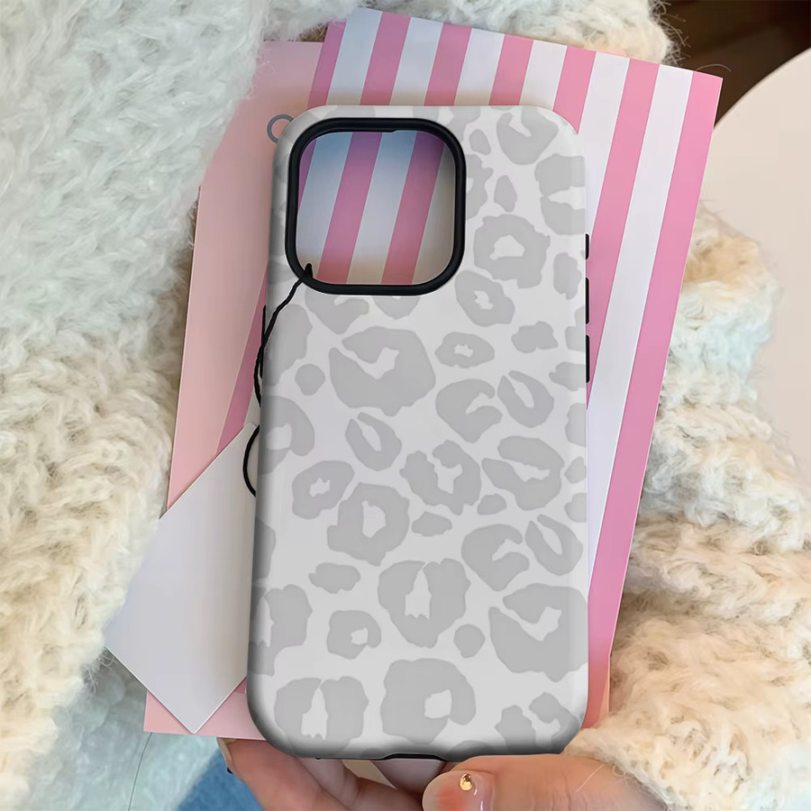 Hellgraue Handyhülle mit Leopardenmuster für Apple iPhone 17 16 15 14 13 12 11 Pro Max Plus mit doppelschichtiger Rückseite - Bild 3