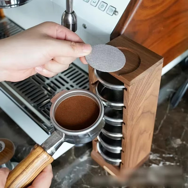 JUSTINLAU Espresso Korb Display Rack aus Walnuss Holz für 51mm, 53mm und 58mm Kaffee Pulver Schüssel Lagerung Barista Zubehör in Braun - Bild 3