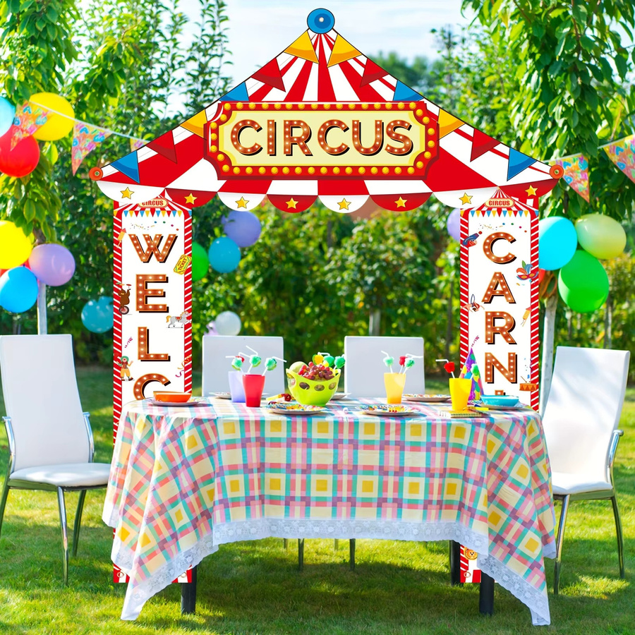 OURFETE Doppelseitiges Willkommensbanner Rot-Weiß Gestreift für Karneval, Zirkus und Kindergeburtstag - Bild 4