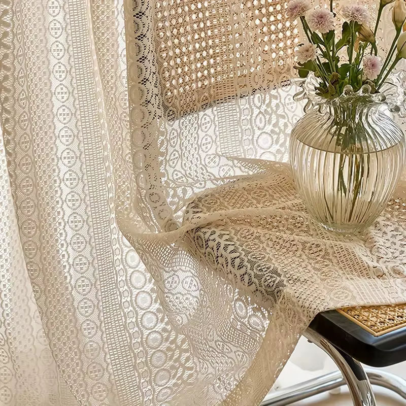 AiFish Boho Jacquard Vorhang aus Spitze und Tüll in Beige mit geometrischem Muster, Breite: 140 cm, Höhe: 160 cm - Bild 2
