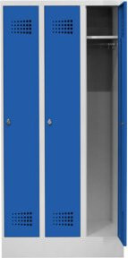 STIER Garderobenspind Premium mit Sockel, 3 Abteile mit Drehriegel und Kleiderstange, lichtgrau/enzianblau - Bild 1
