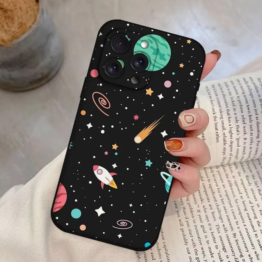 Schwarze Silikon Handyhülle mit Cartoon-Planeten-Design für iPhone Modelle (iPhone 17 bis iPhone 7/8) - Bild 4