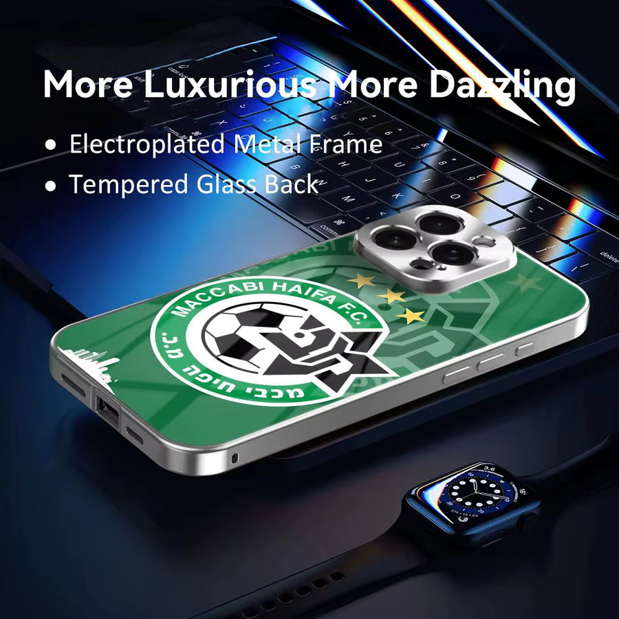 M-Maccabi H-Haifa Handyhülle für iPhone 17 16 15 14 13 12 Pro Max Plus mit Metall-Bumper und gehärteter Glasrückseite in Grün - Bild 5