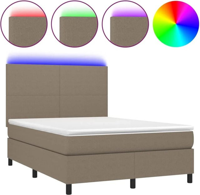 vidaXL Boxspringbett mit Matratze und LED-Unterbettbeleuchtung in Taupe, Hybrid-Design mit Taschenfederkern, B/T: 140 x 200 cm - Bild 1