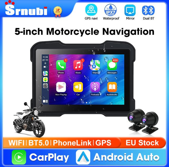 srnubi Tragbare 5-Zoll Motorrad-GPS-Navigation mit Wireless CarPlay und Android Auto, IPX7 Wasserdichtes LCD-Display, Dual Bluetooth 5.0, Schwarz - Bild 1