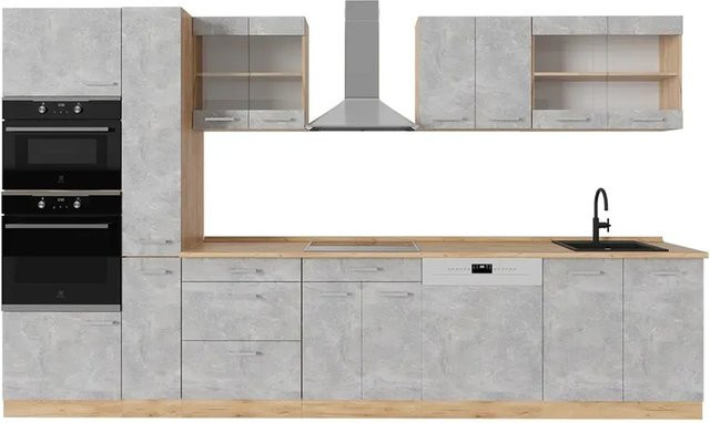 Vicco R-Line Küchenzeile modern in Beton und Goldkraft Eiche, B/T/H: 350 x 60 x 207,4 cm - Bild 1