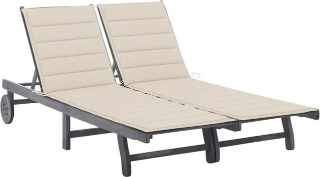 vidaXL 2-Personen-Sonnenliege aus Akazien-Massivholz in Grau mit beigen Auflagen, verstellbare Kopfstütze und Rollen - Bild 1