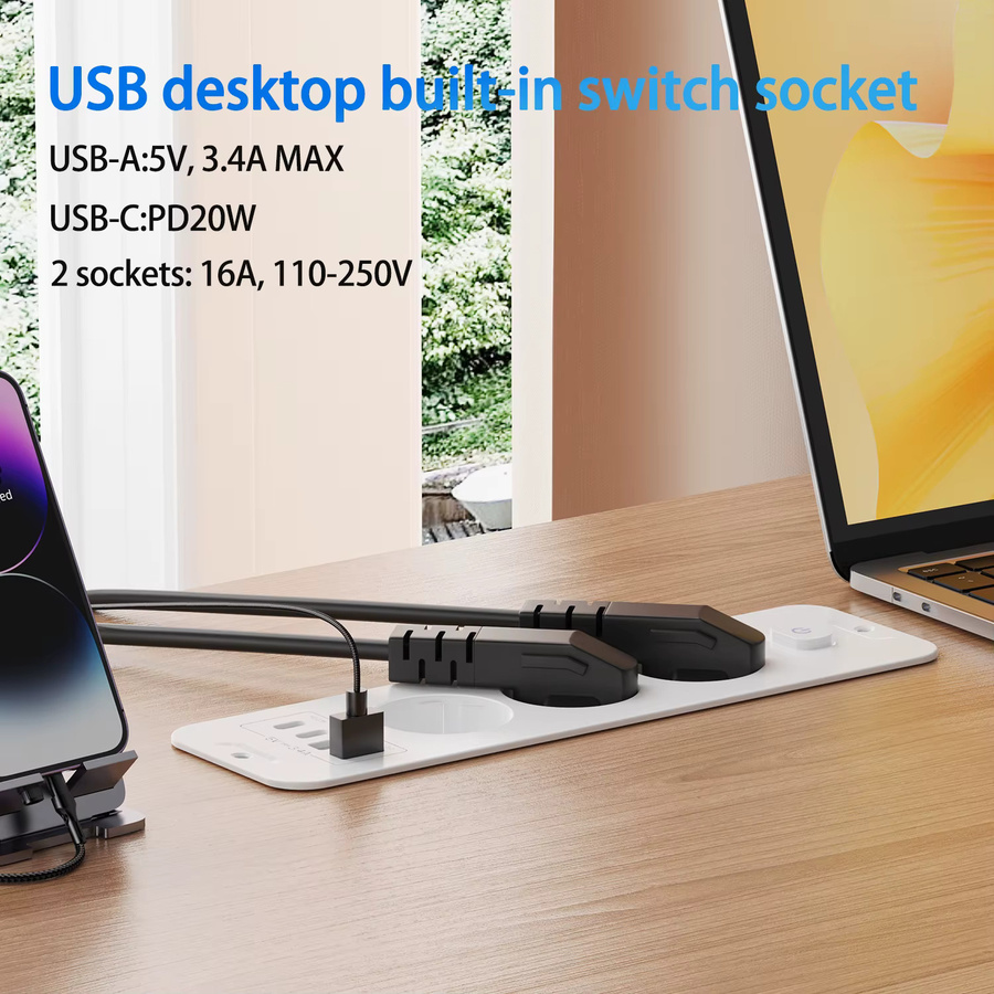 HITRENDS 7-in-1 Ultraflache Einbausteckdose mit Schalter, Weiß, 2 USB-A, 2 USB-C mit 20W Schnellladung und Überspannungsschutz - Bild 3