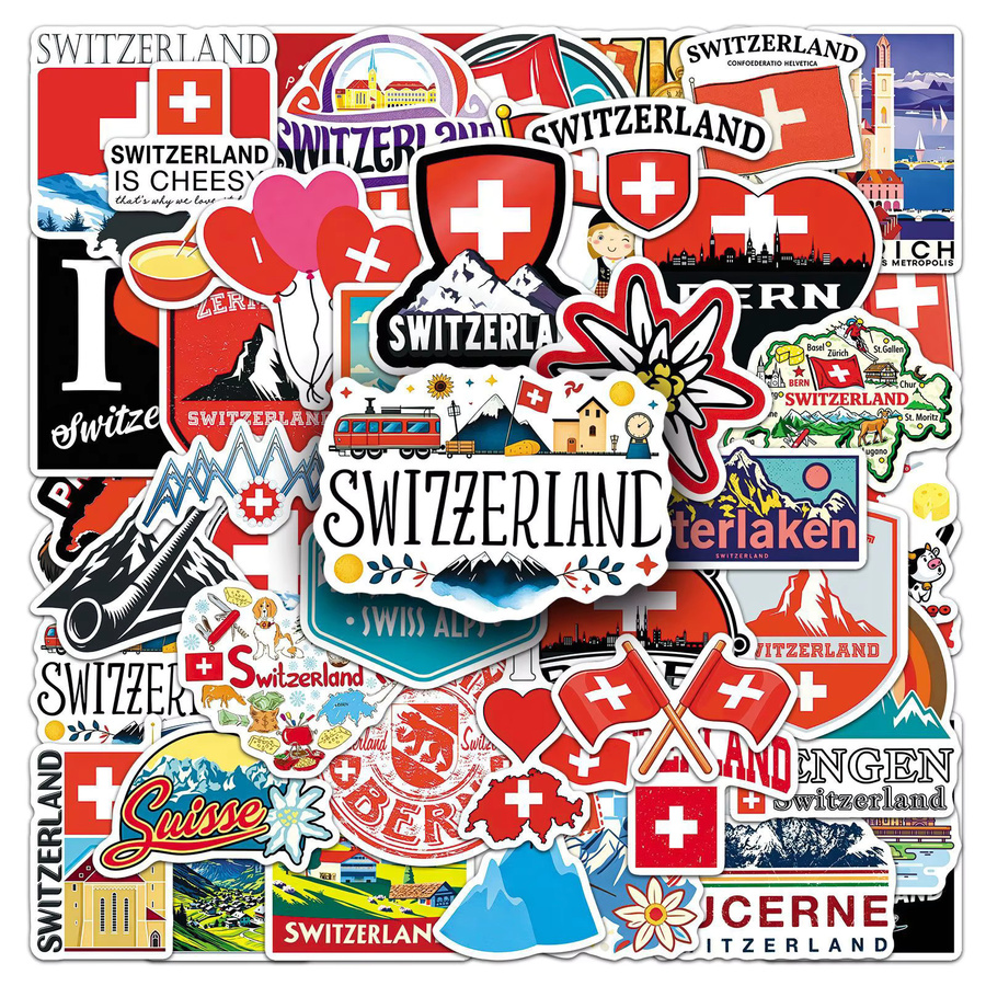 50 Stück Schweiz-Reiseaufkleber, wasserfeste Sticker mit Alpen- und Schweizer Flagge in Multicolor für Laptop, Wasserflasche und Scrapbook - Bild 2