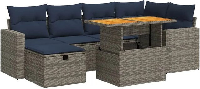 vidaXL 7-teilige Garten-Sofagarnitur aus Poly-Rattan und Akazienholz in Schwarz und Grau mit Kissen - Bild 1