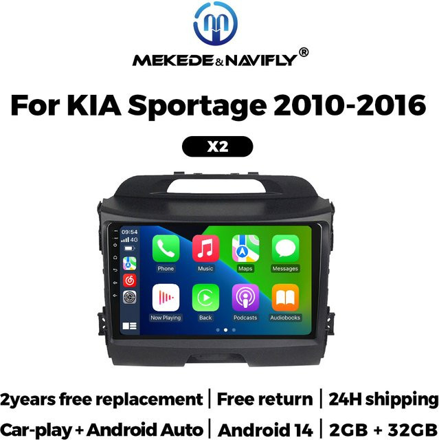 TomoStrong Android 14 Autoradio mit kabellosem CarPlay und GPS für Kia Sportage 3 SL 2010-2016, 2GB RAM, 32GB Speicher, Schwarz - Bild 1