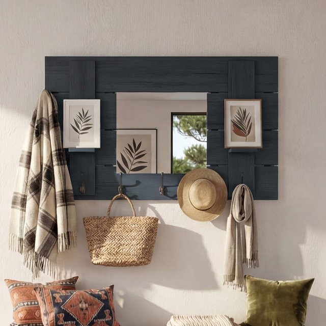 Wandgarderobe MCW-C89 mit Spiegel und 5 Haken im Shabby-Look Vintage, Farbe: Grau, B/H: 90 x 60 cm - Bild 1
