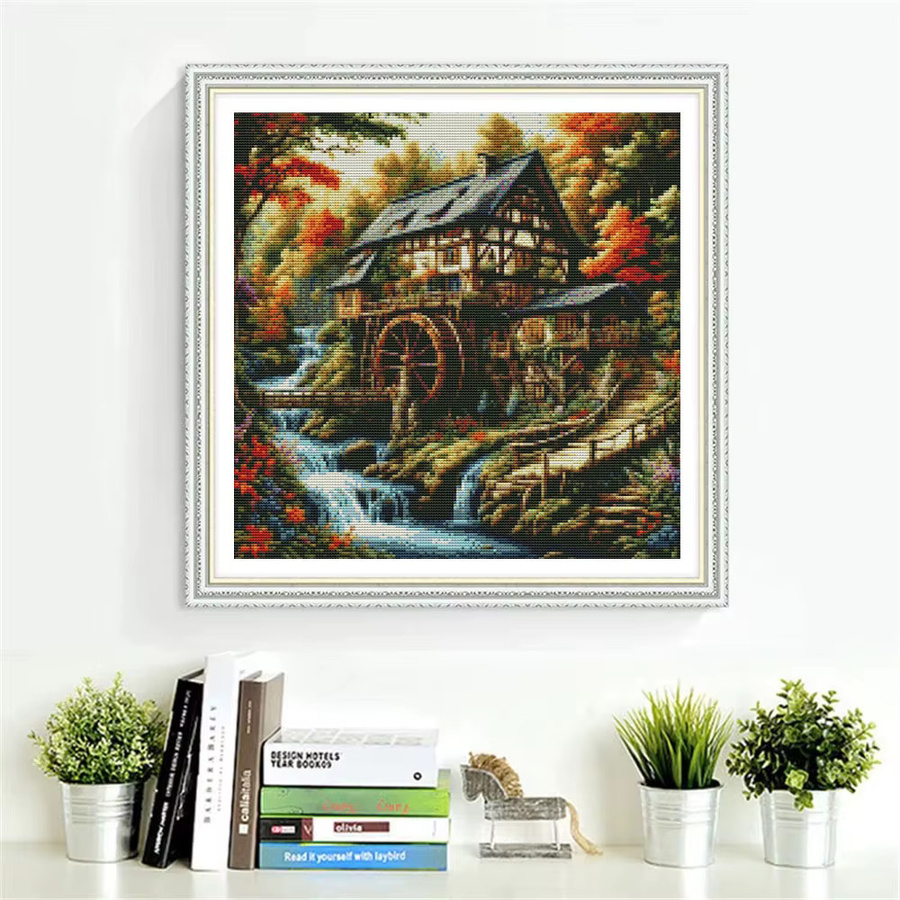 HUACAN Kreuzstich-Set Hauslandschaft mit Wasserfall als Wanddekoration, Mehrfarbig - Bild 3