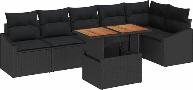 vidaXL Garten-Sofa-Set aus Poly Rattan in Schwarz, 7-teiliges L-Shape Lounge-Set mit Tisch und integrierter Stauraumfunktion für Kissen - Bild 1