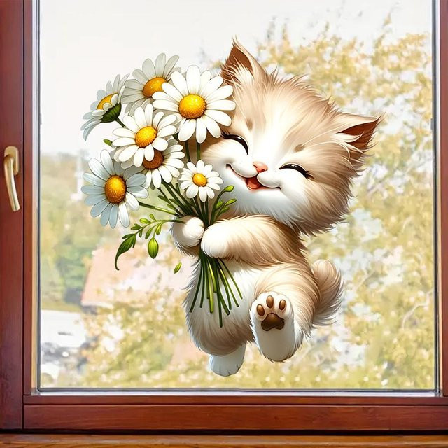 Selbstklebender Fensteraufkleber mit Cartoon-Katze und Blumen von A Better Home, braun, B/H: 30 x 30 cm - Bild 1