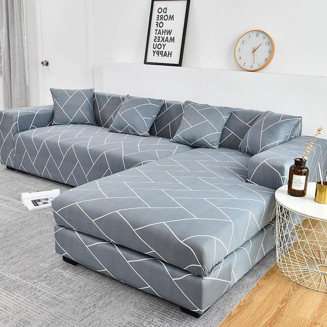 Nurb Elastischer Stretch-Sofabezug für L-förmige Eck-Chaiselongue-Sofas, Grau, Modernes Design mit Grafikmuster - Bild 1