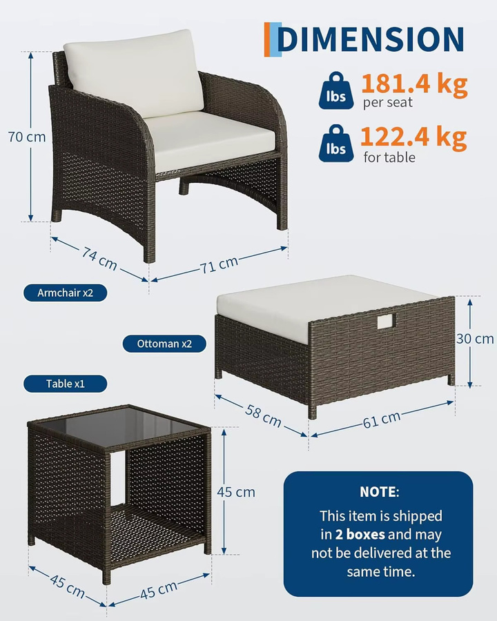 HiMISS 5-teiliges Polyrattan Gartenmöbel-Set in Braun mit 2 Sesseln, 2 Ottomanen und Couchtisch aus Glas, wetterfestes Outdoor-Lounge-Set mit Polsterkissen - Bild 5