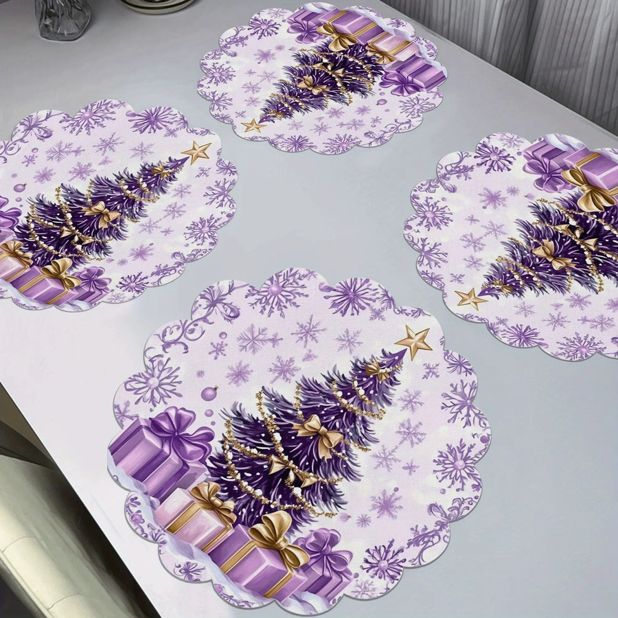 VIKAMA 4er-Set Weihnachts-Tischsets aus Leinen in Lila mit Goldener Schleife für deine Weihnachtsdekoration - Bild 2
