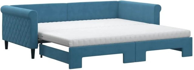 vidaXL Ausziehbares Tagesbett mit Matratze in Blau, Polsterung aus Samt und Schaumstoff, inklusive Auszugsschublade, B/T/H: 100–120 x 200 x 68 cm - Bild 1