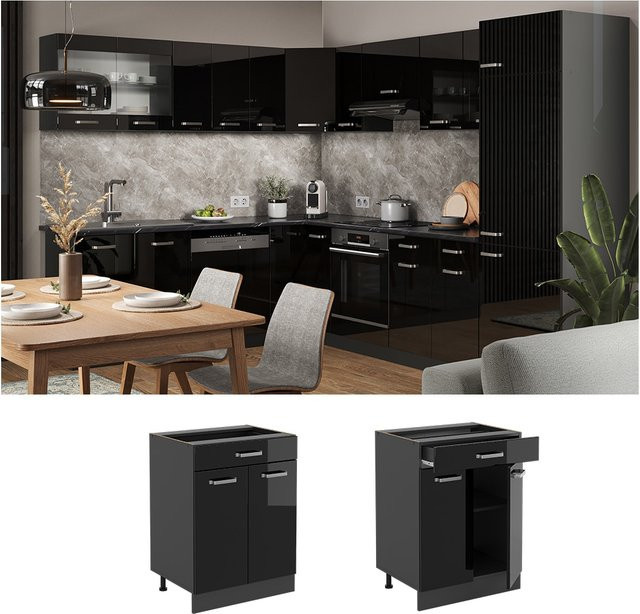 Vicco Küchenunterschrank R-Line mit Schublade in Schwarz Hochglanz und Anthrazit Korpus, Breite: 60 cm - Bild 1