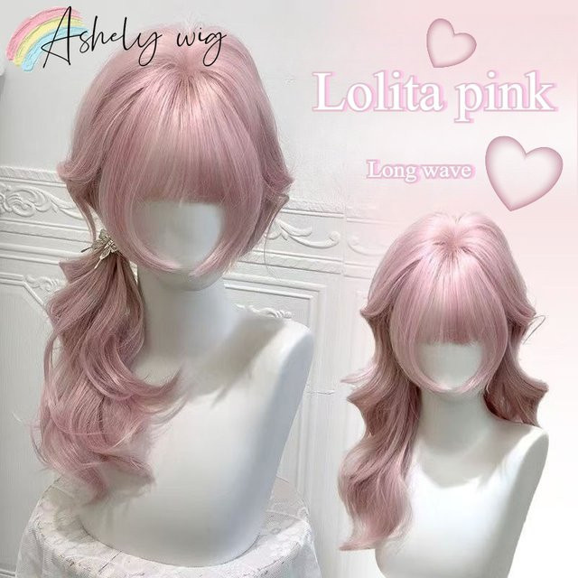 Ashely Perücke für Damen, lange gewellte Perücke mit Pony, Rosa - Bild 1