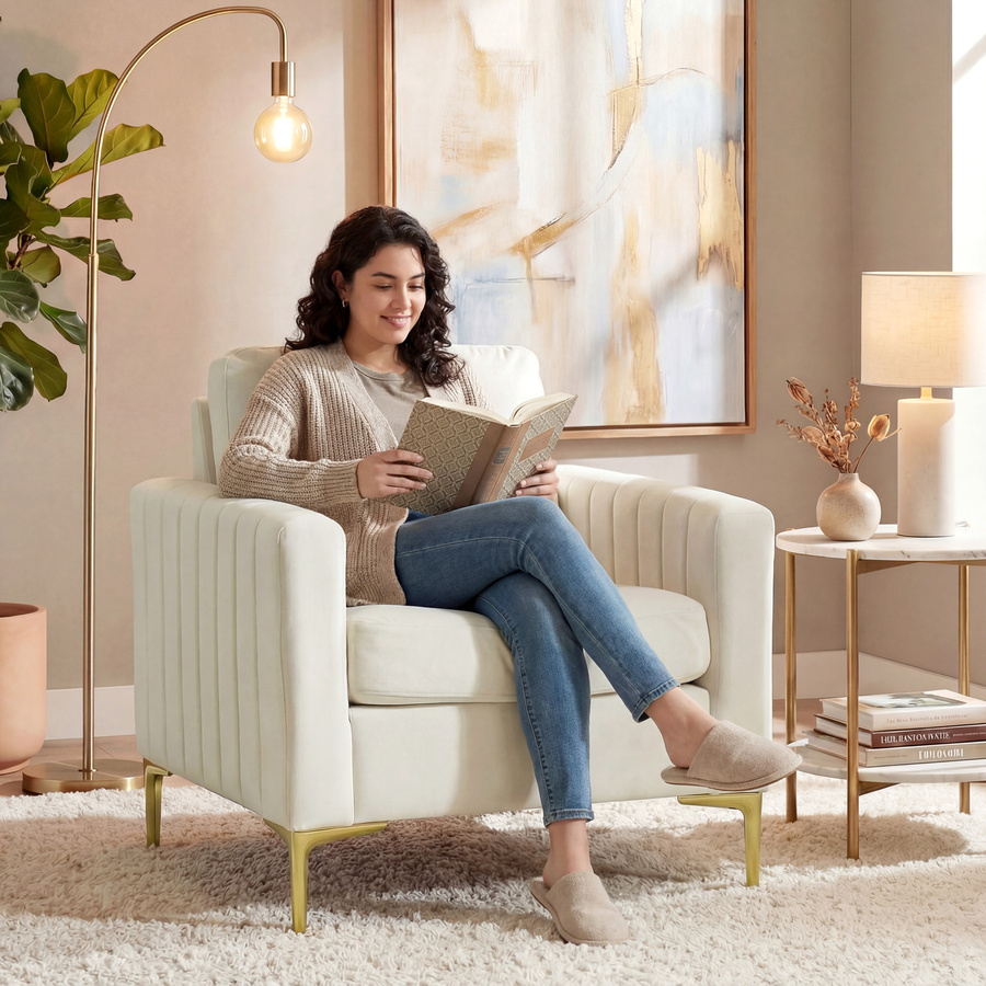 HOMCOM Relaxsessel mit Samtbezug in Creme, moderner Sessel mit Polsterung und Metallbeinen für Wohnzimmer, Schlafzimmer oder Büro - Bild 2