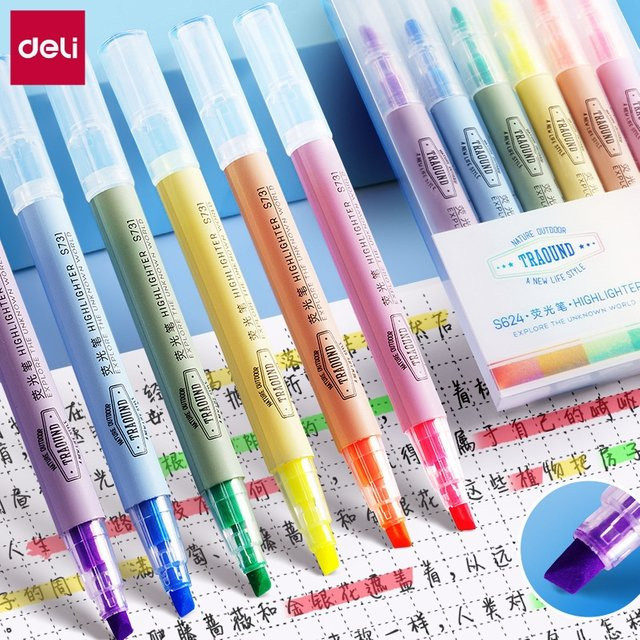 DELI Mini-Textmarker-Set mit 6 farbigen Hervorhebungsstiften und Meißelspitze für Schule und Büro - Bild 1